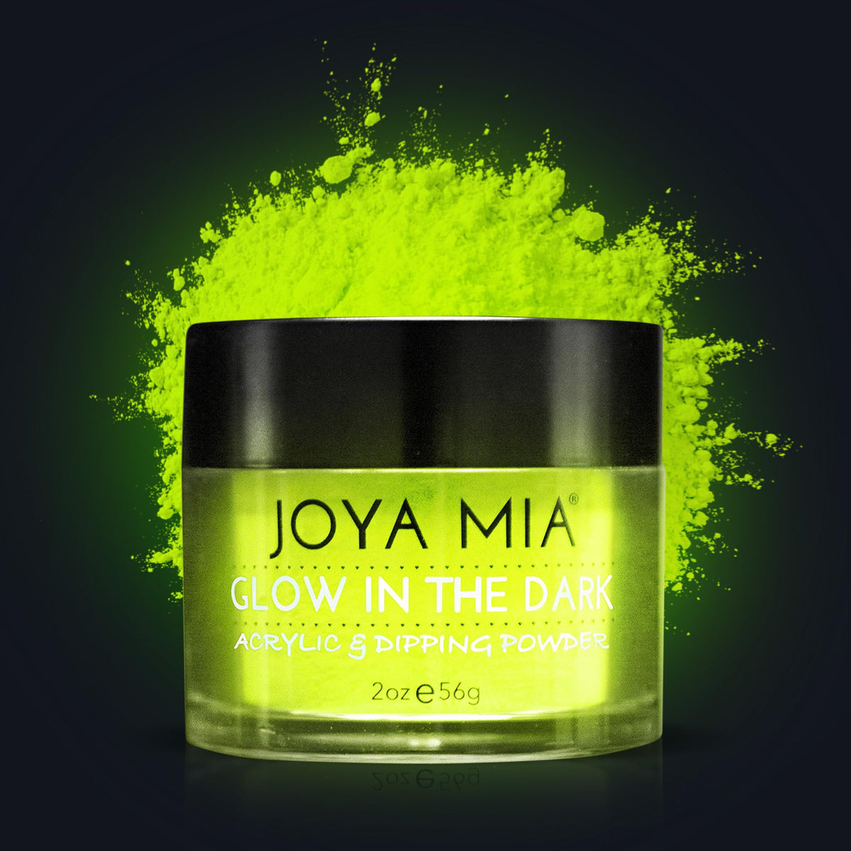 JOYA MIA glow-in-the-dark nail powder jar showcases a luminous finish for night nail art.