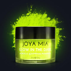JOYA MIA glow-in-the-dark nail powder jar showcases a luminous finish for night nail art.
