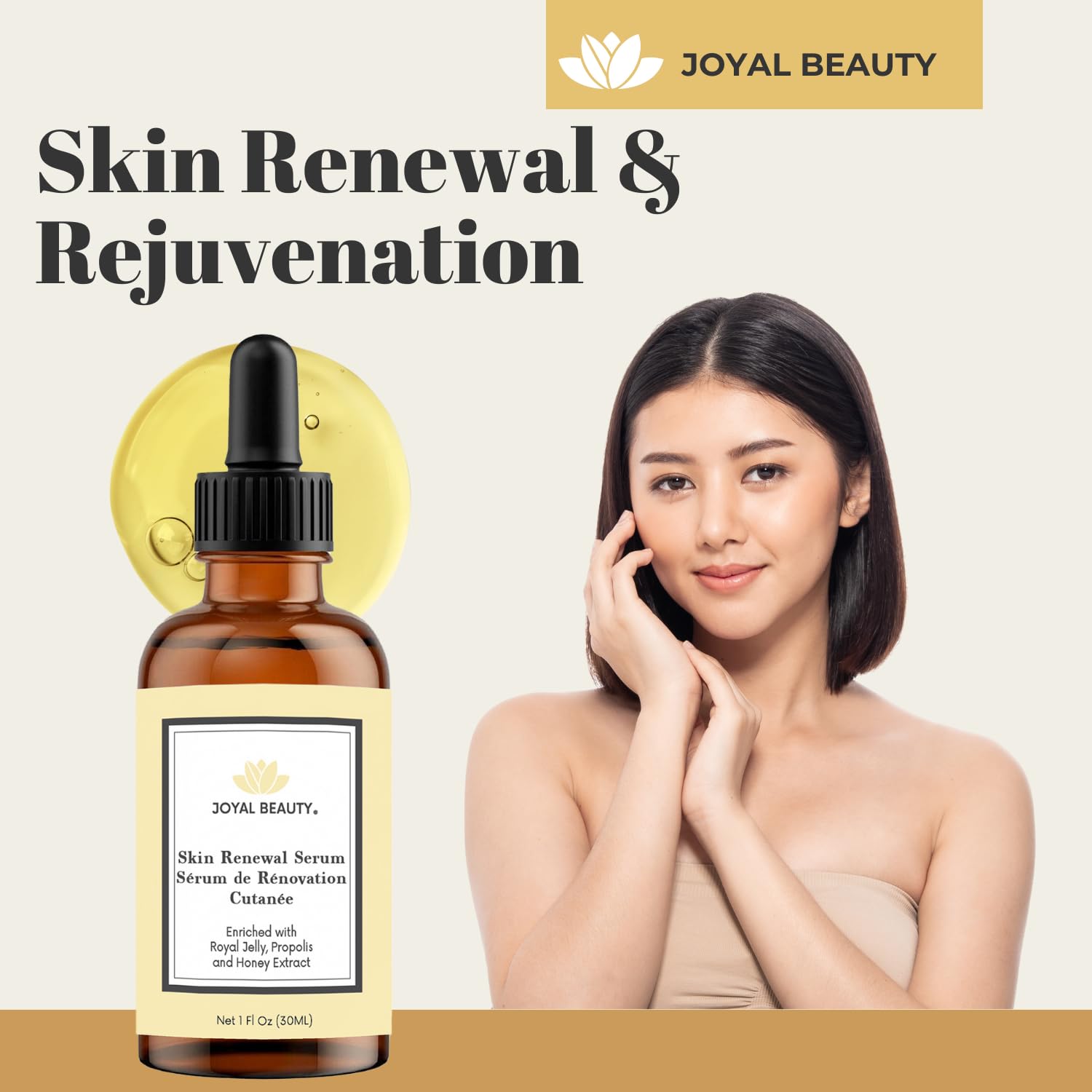 JOYAL BEAUTY serum on hand demonstrating easy absorption and hydration.