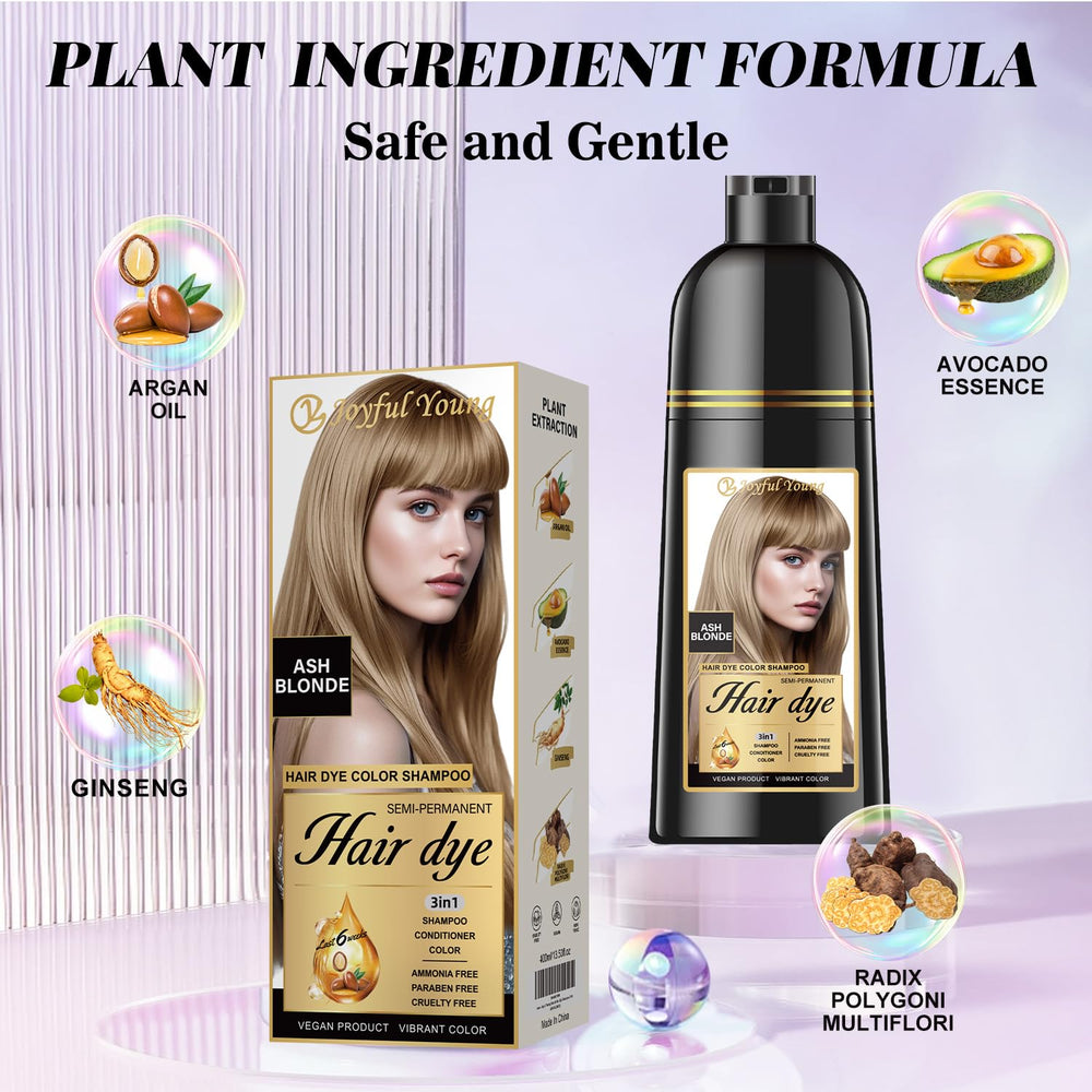 Joyful Young Hair Dye Shampoo applied to dry hair for convenient at-home color.