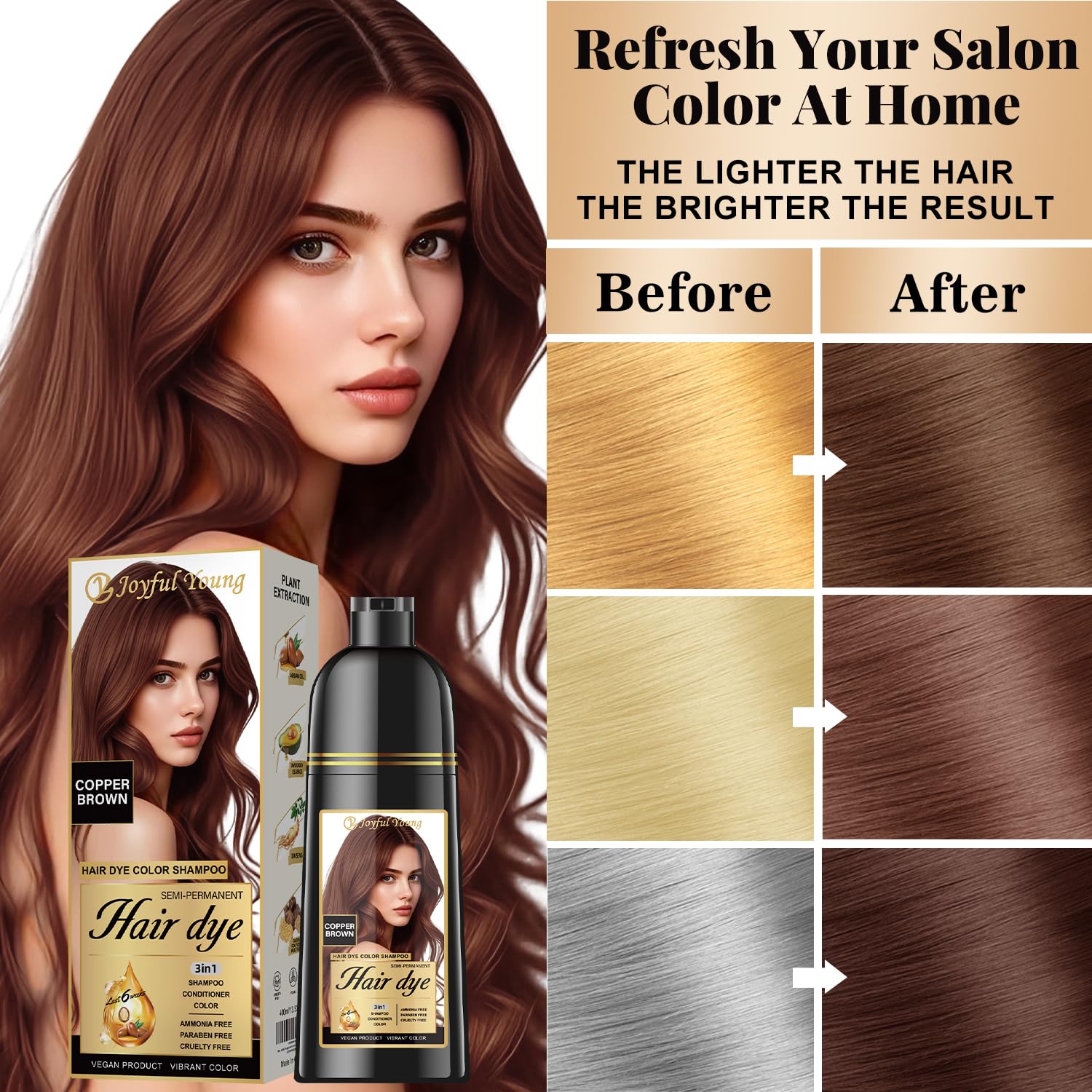 Joyful Young Copper Brown hair close-up reveals rich color deposit.