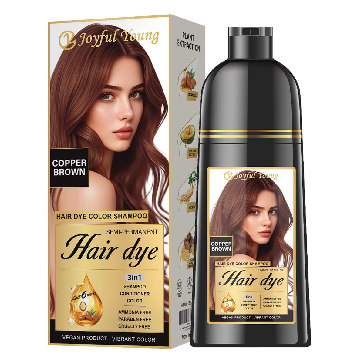 Joyful Young Copper Brown bottle pour shows easy gray coverage.
