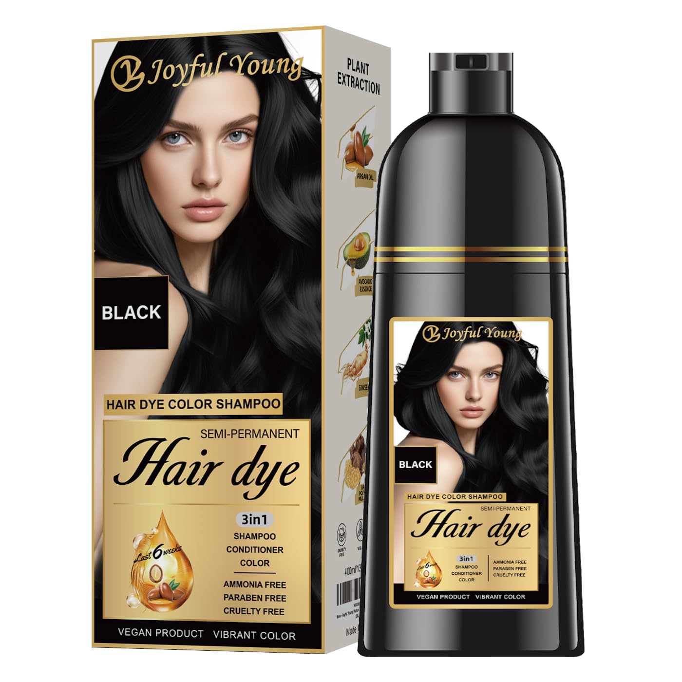 Joyful Young hair dye shampoo deposits rich black tones for natural gray blending.