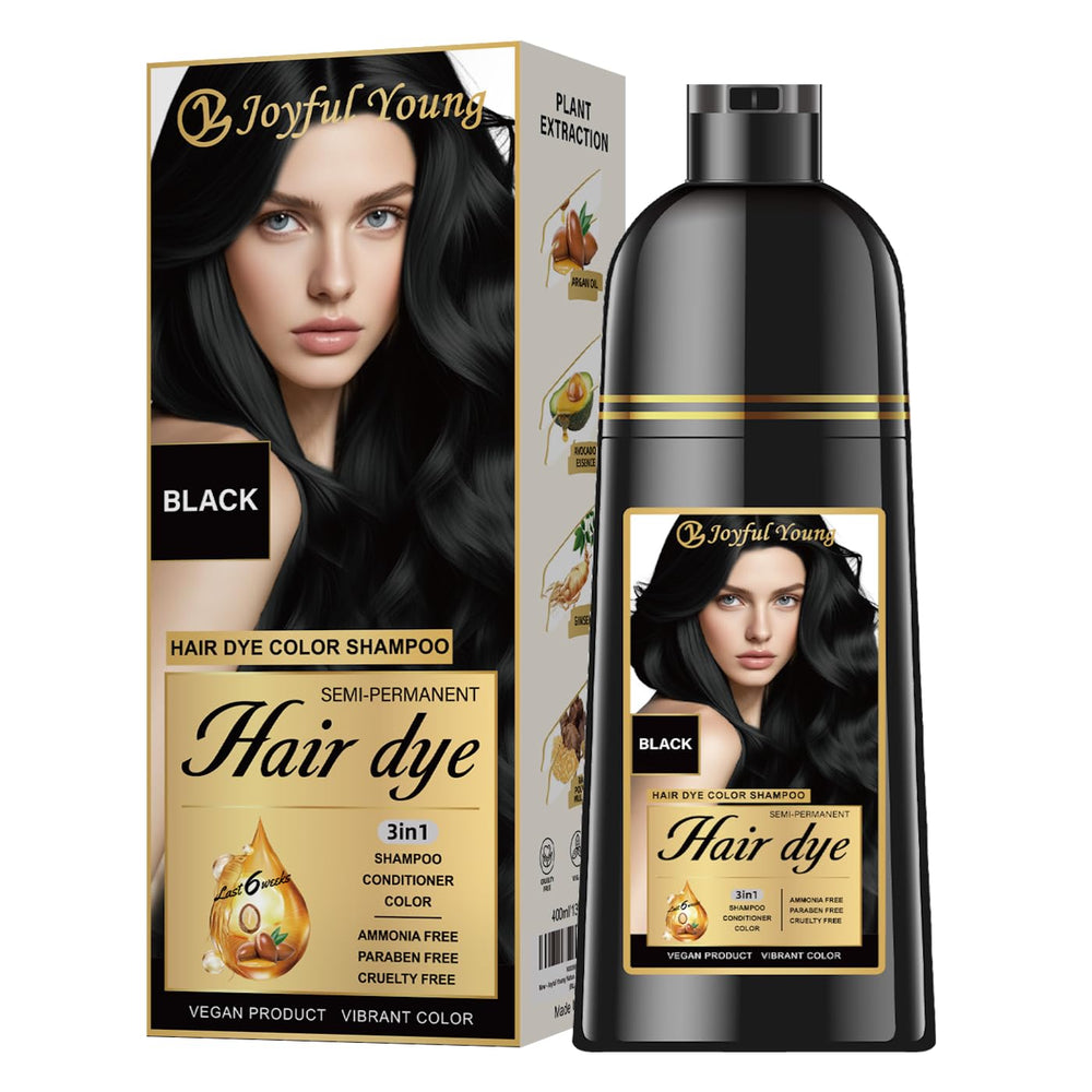 Joyful Young hair dye shampoo deposits rich black tones for natural gray blending.