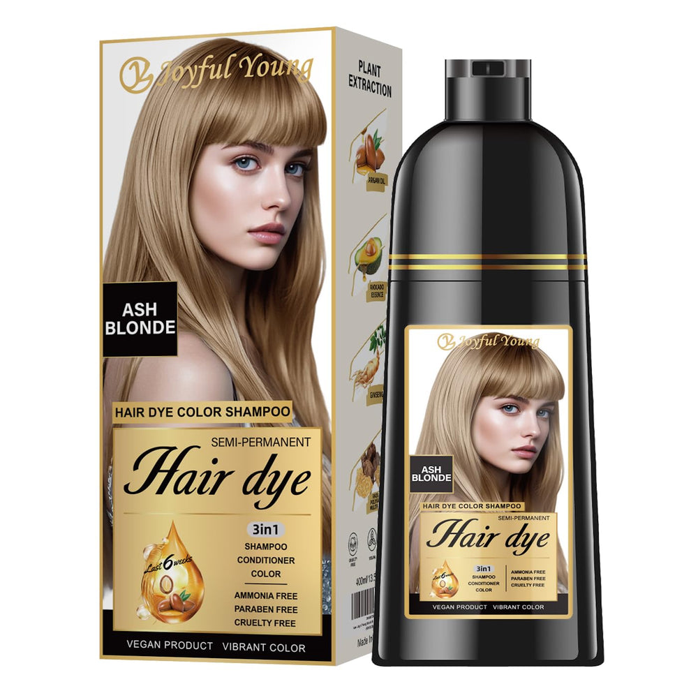 Joyful Young Hair Dye Shampoo bottle in ash blonde shade for gray blending.