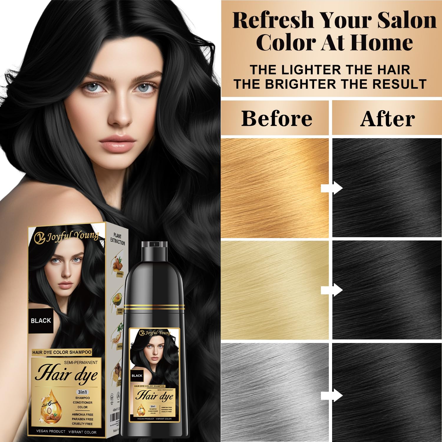 Joyful Young three-in-one cleanse-color-condition nourishes hair while blending roots.