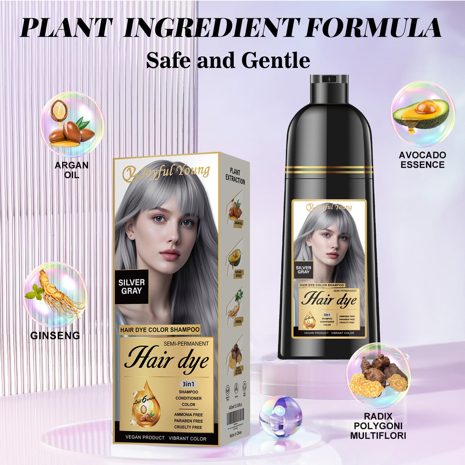 Joyful Young Silver Gray Shampoo application on dry hair for quick gray refresh.