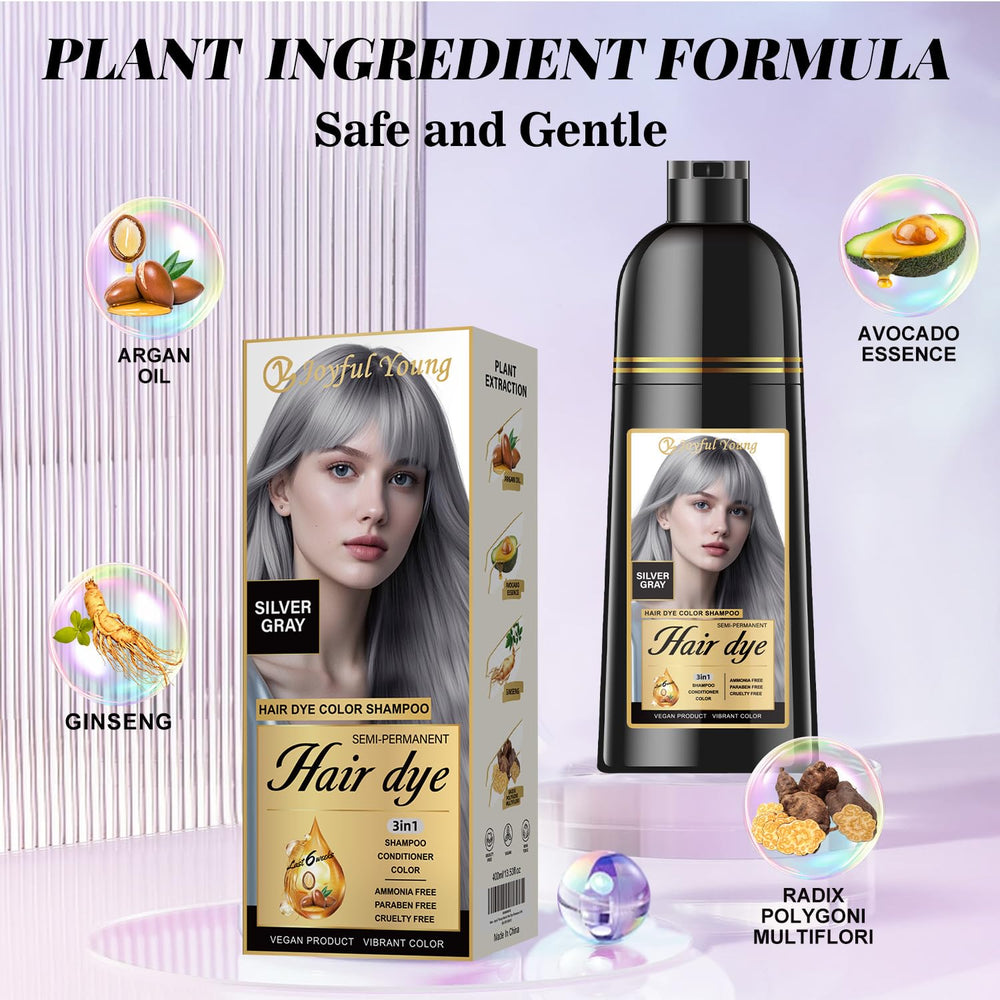 Joyful Young Silver Gray Shampoo application on dry hair for quick gray refresh.
