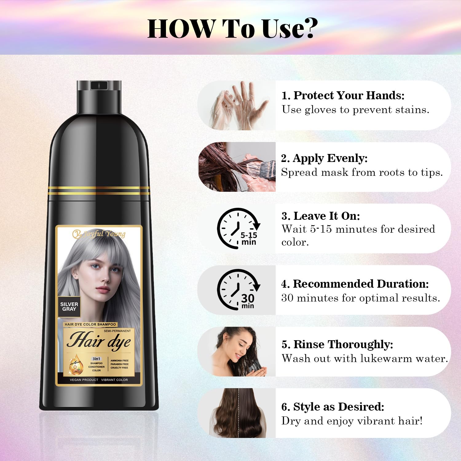 Joyful Young Silver Gray Shampoo color deposits on gray hair for even tone.