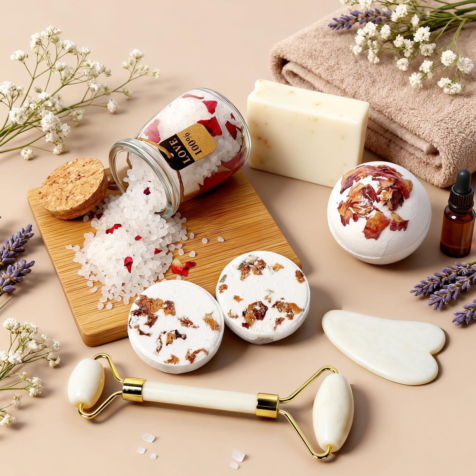 Joyvella bath bomb with sea salt and rose petals image for a pampering soak