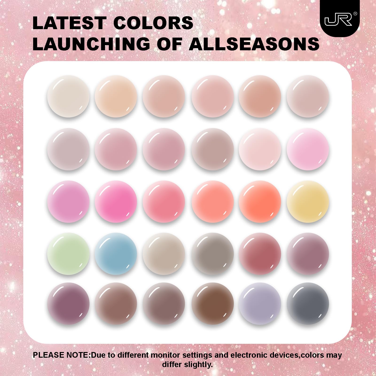 JR color-matched bottle display showing each shade clearly