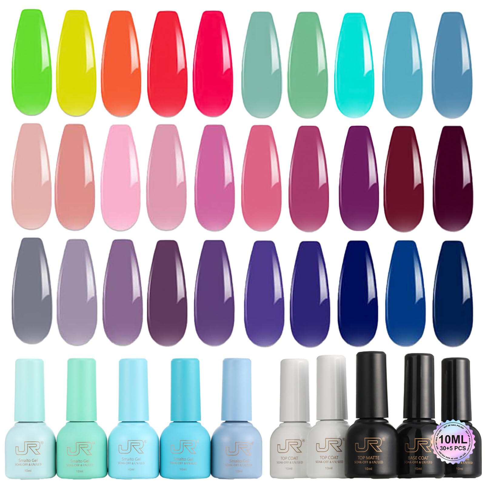 JR gel polish color bottles arranged for easy shade matching.