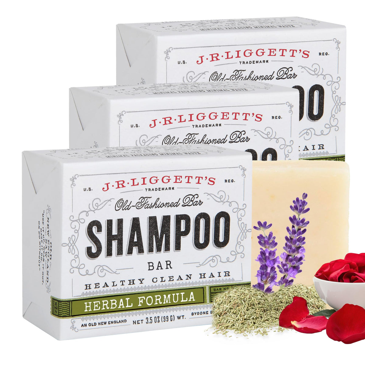 J.R.LIGGETT'S Shampoo Bar 3-pack with herbal formula visible for shopping context