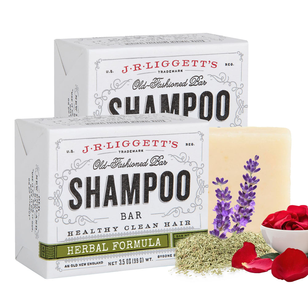 J.R. Liggett's shampoo bar herbal formula close-up showing natural ingredients promoting balanced scalp.