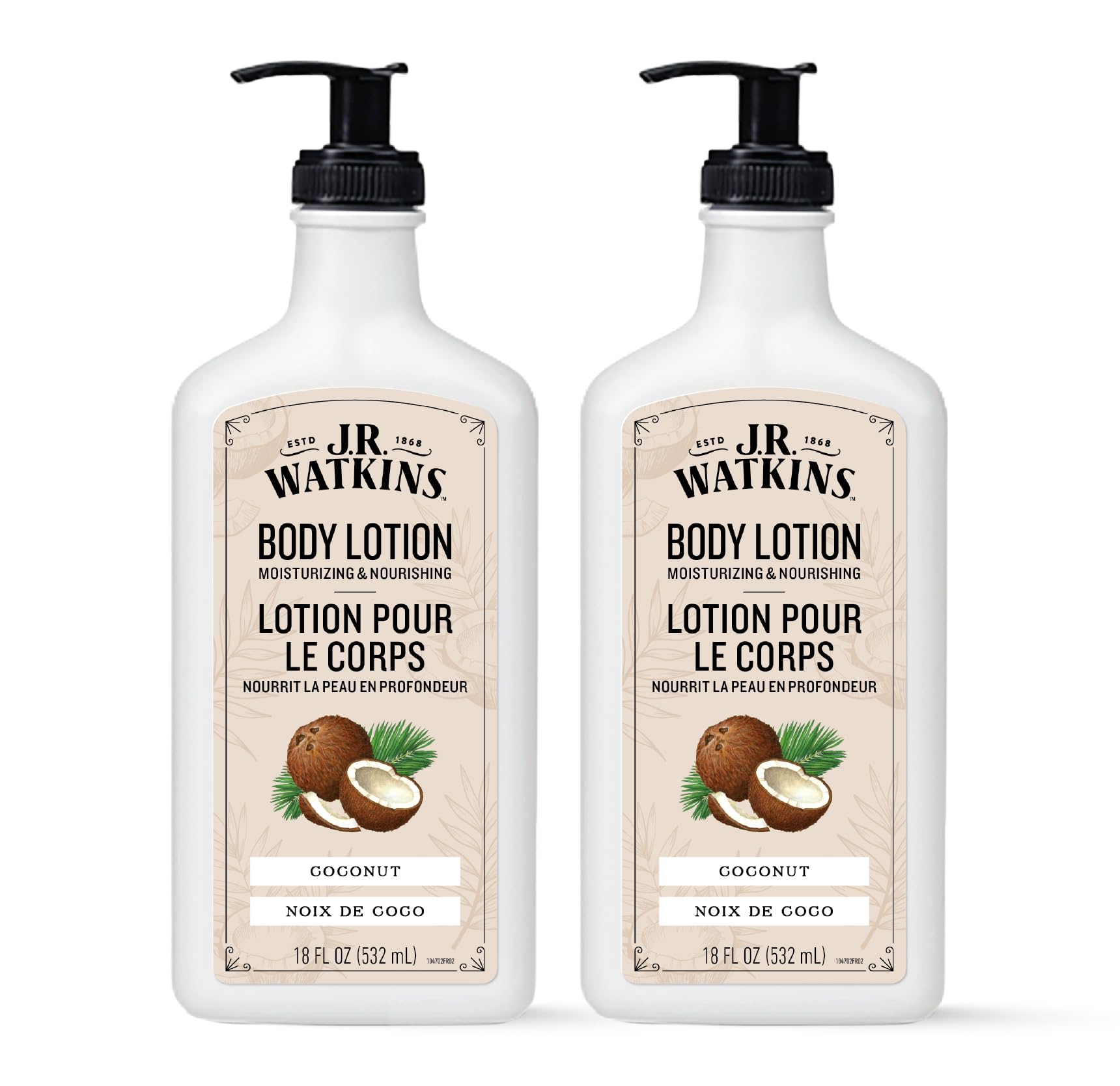 JR Watkins daily moisturizing lotion coconut bottle front highlights hydrating formula for soft, smooth skin.
