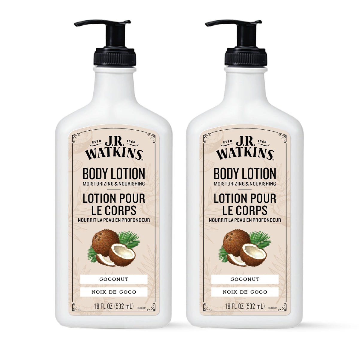 JR Watkins daily moisturizing lotion coconut bottle front highlights hydrating formula for soft, smooth skin.
