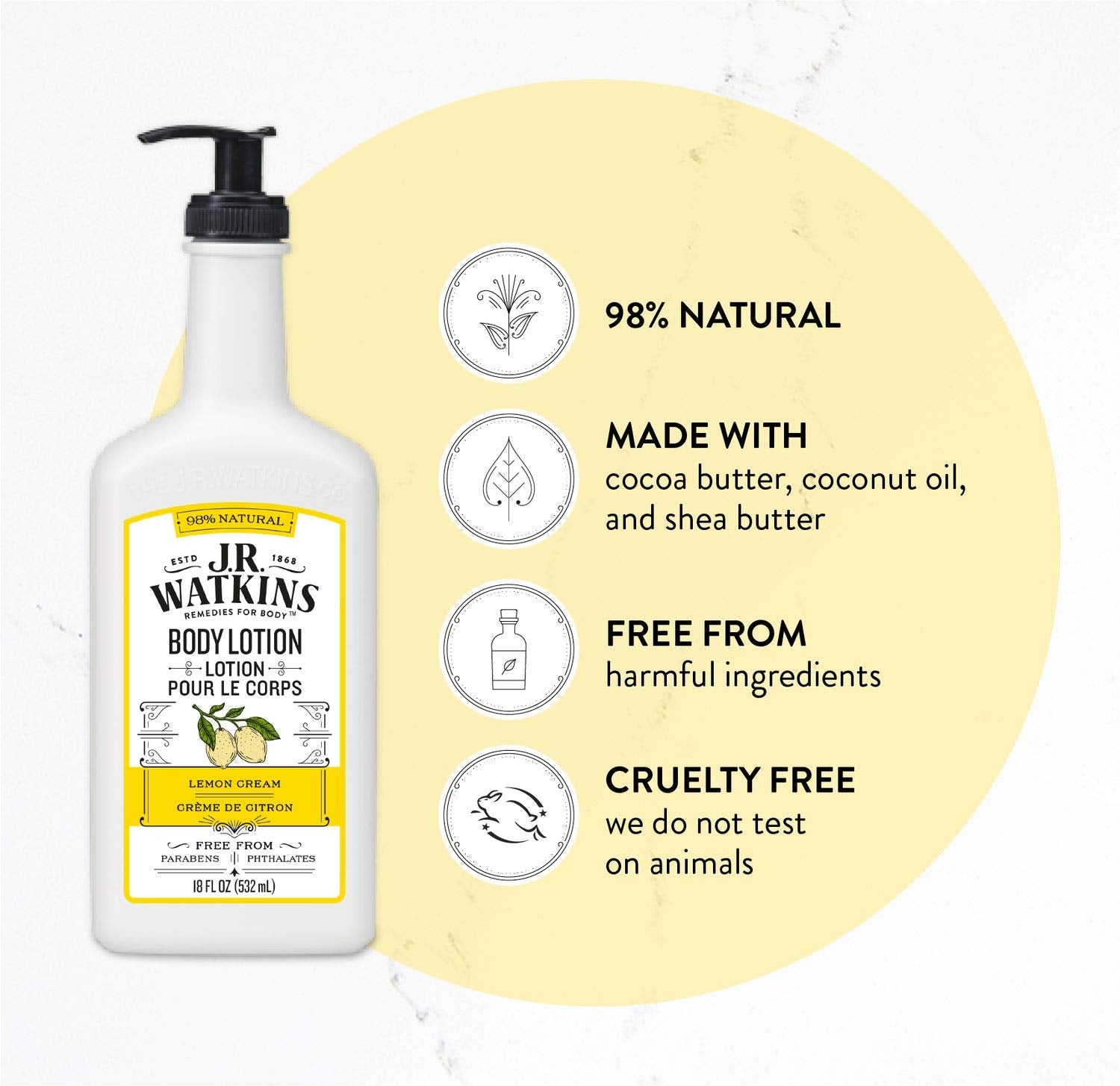 J.R. Watkins lemon cream scented lotion adds fresh aroma while moisturizing all day.