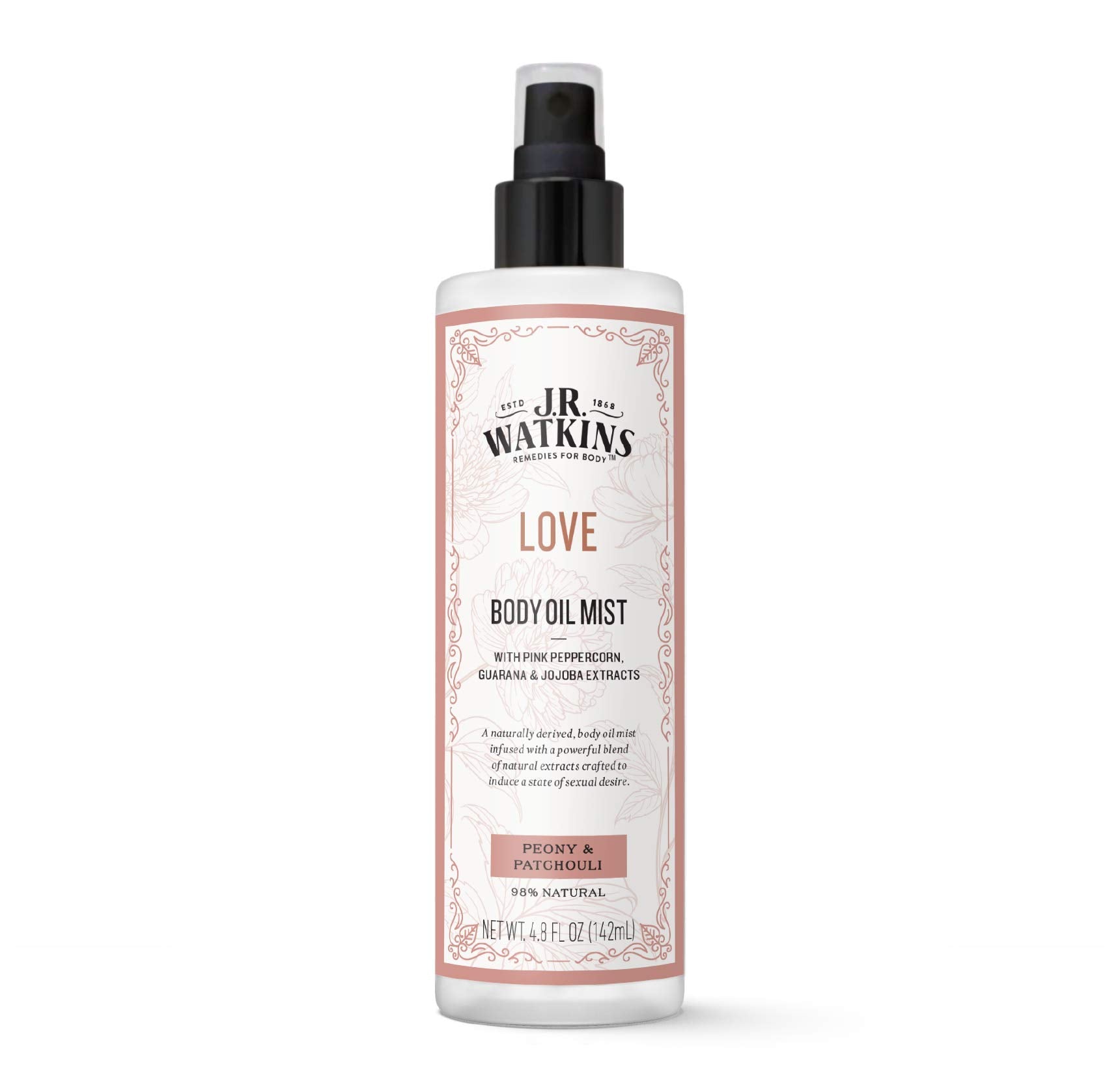 J.R. Watkins Love Body Oil Mist bottle shows a hydrating formula for smoother skin.