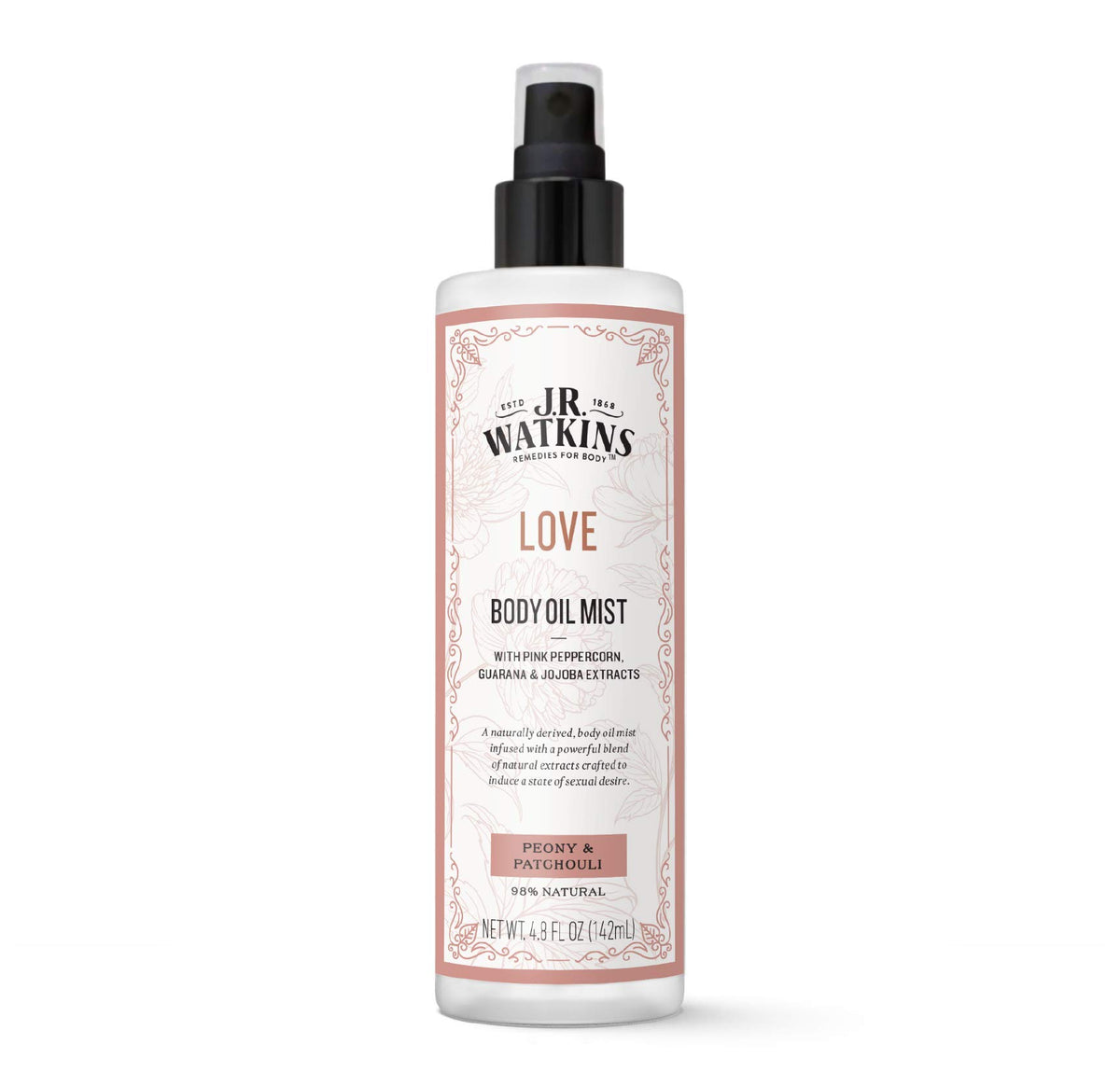 J.R. Watkins Love Body Oil Mist bottle shows a hydrating formula for smoother skin.
