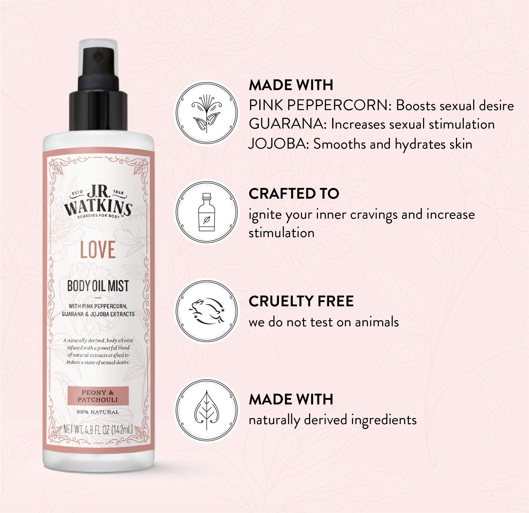 J.R. Watkins Love Body Oil Mist spray release for easy application and quick absorption.