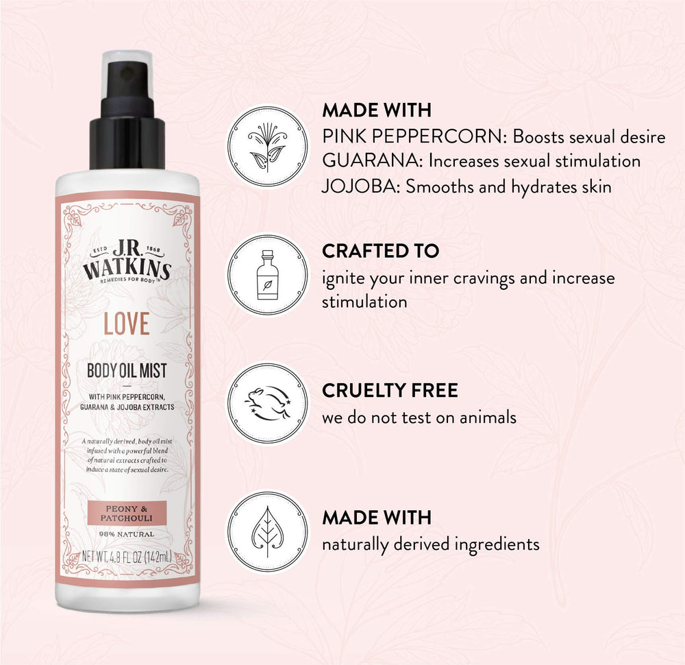 J.R. Watkins Love Body Oil Mist spray release for easy application and quick absorption.