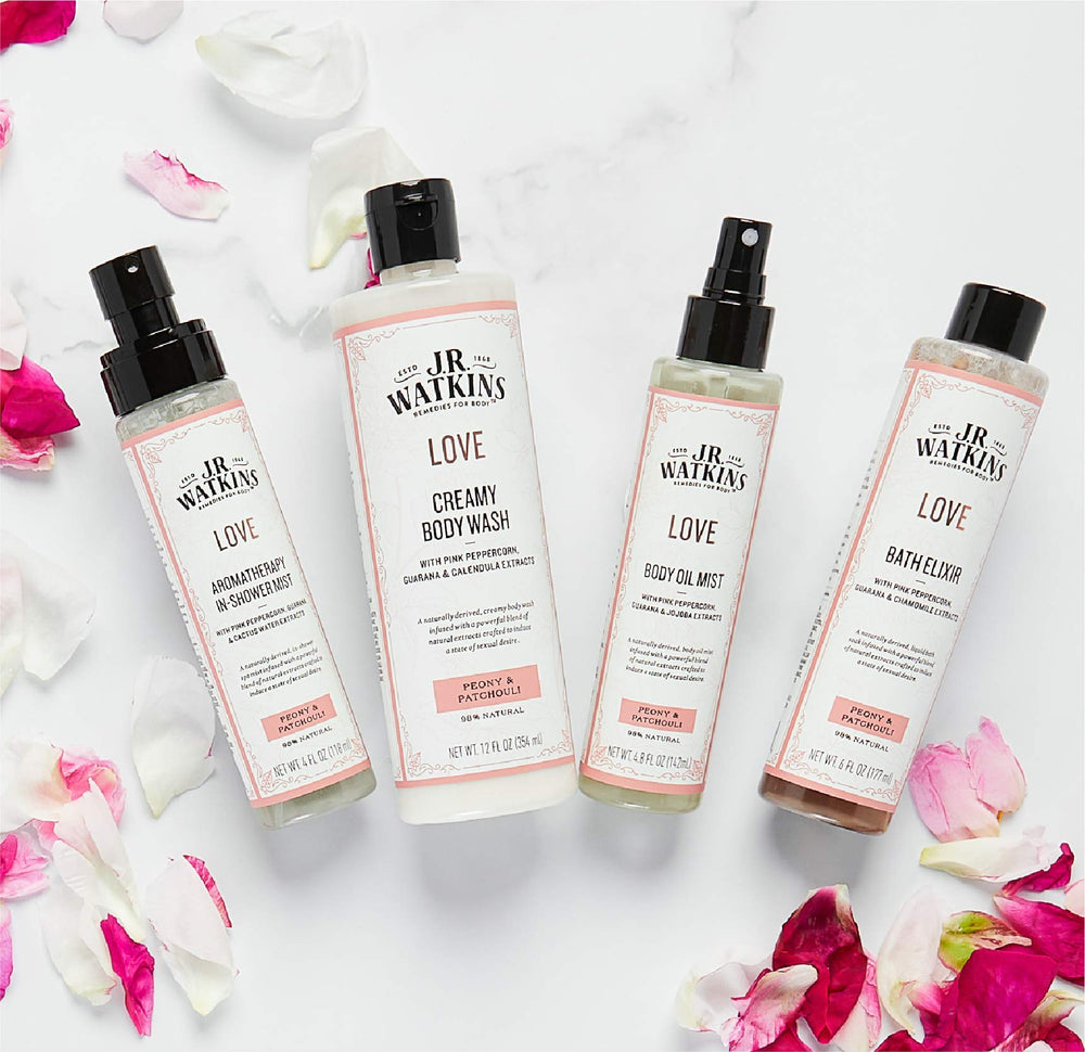 J.R. Watkins Love Creamy Body Wash in a bathroom scene emphasizes cruelty-free, clean formula.
