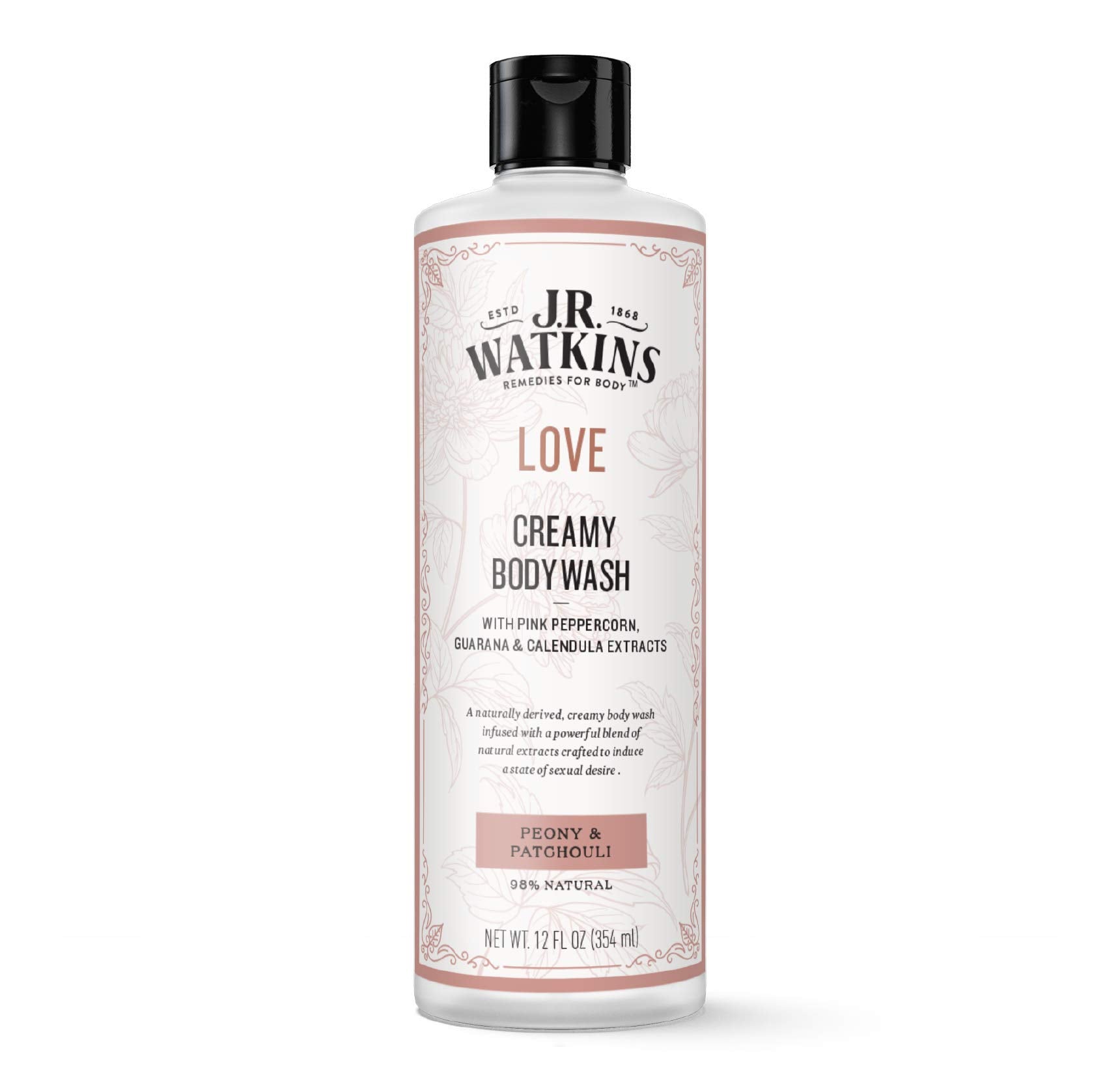 J.R. Watkins Love Creamy Body Wash bottle with Peony & Patchouli preserves moisture.