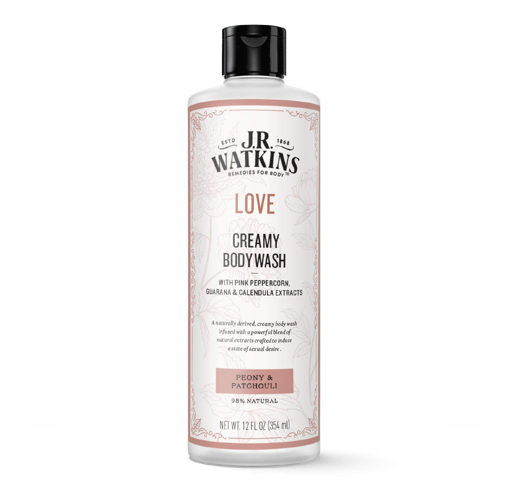 J.R. Watkins Love Creamy Body Wash bottle with Peony & Patchouli preserves moisture.