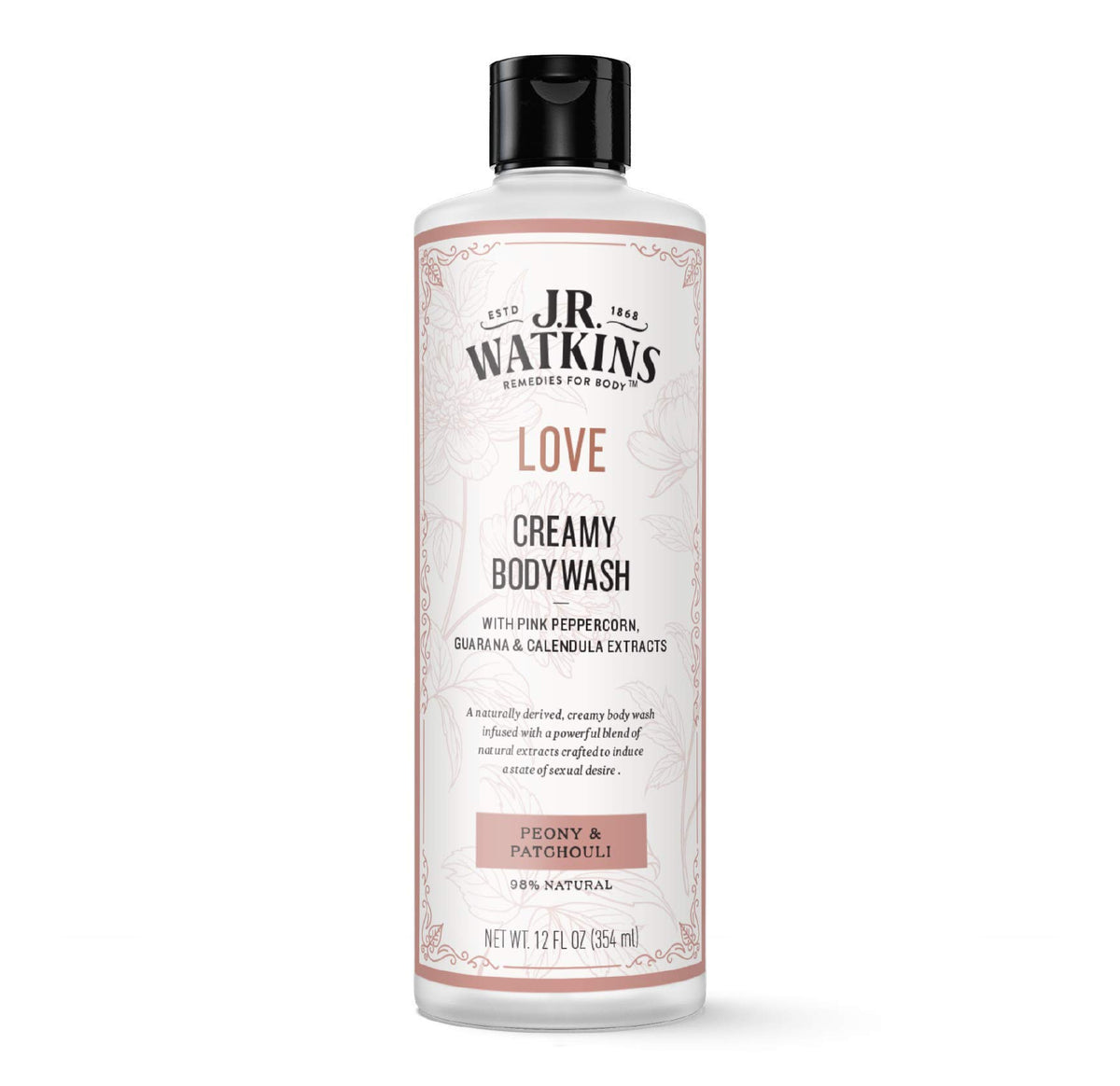 J.R. Watkins Love Creamy Body Wash bottle with Peony & Patchouli preserves moisture.