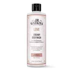 J.R. Watkins Love Creamy Body Wash bottle with Peony & Patchouli preserves moisture.