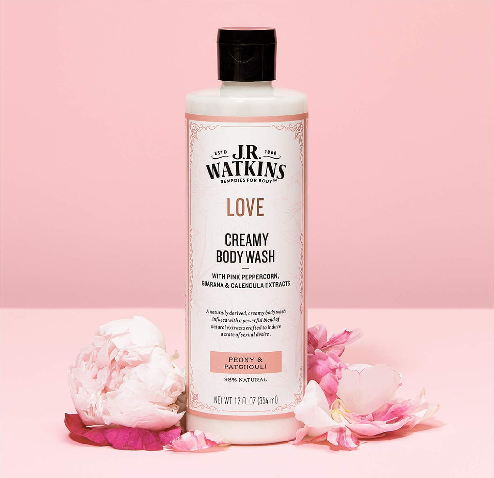 Calendula and guarana ingredients highlighted in J.R. Watkins Love Creamy Body Wash for soothing feel.