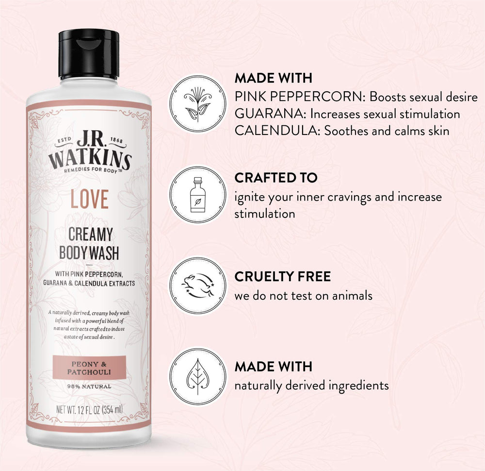 Close-up of creamy lather from J.R. Watkins Love Creamy Body Wash with Peony & Patchouli.