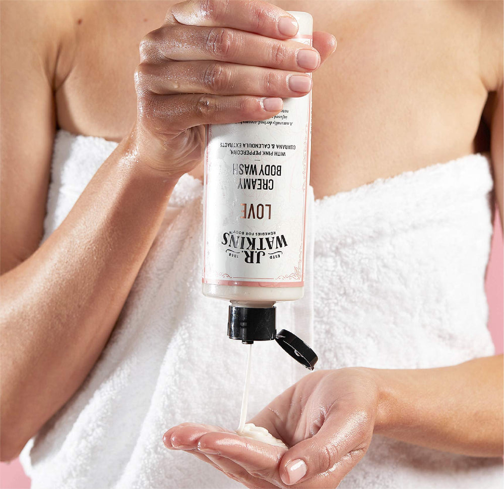 J.R. Watkins Love Creamy Body Wash bottle with pump shows calming floral notes.
