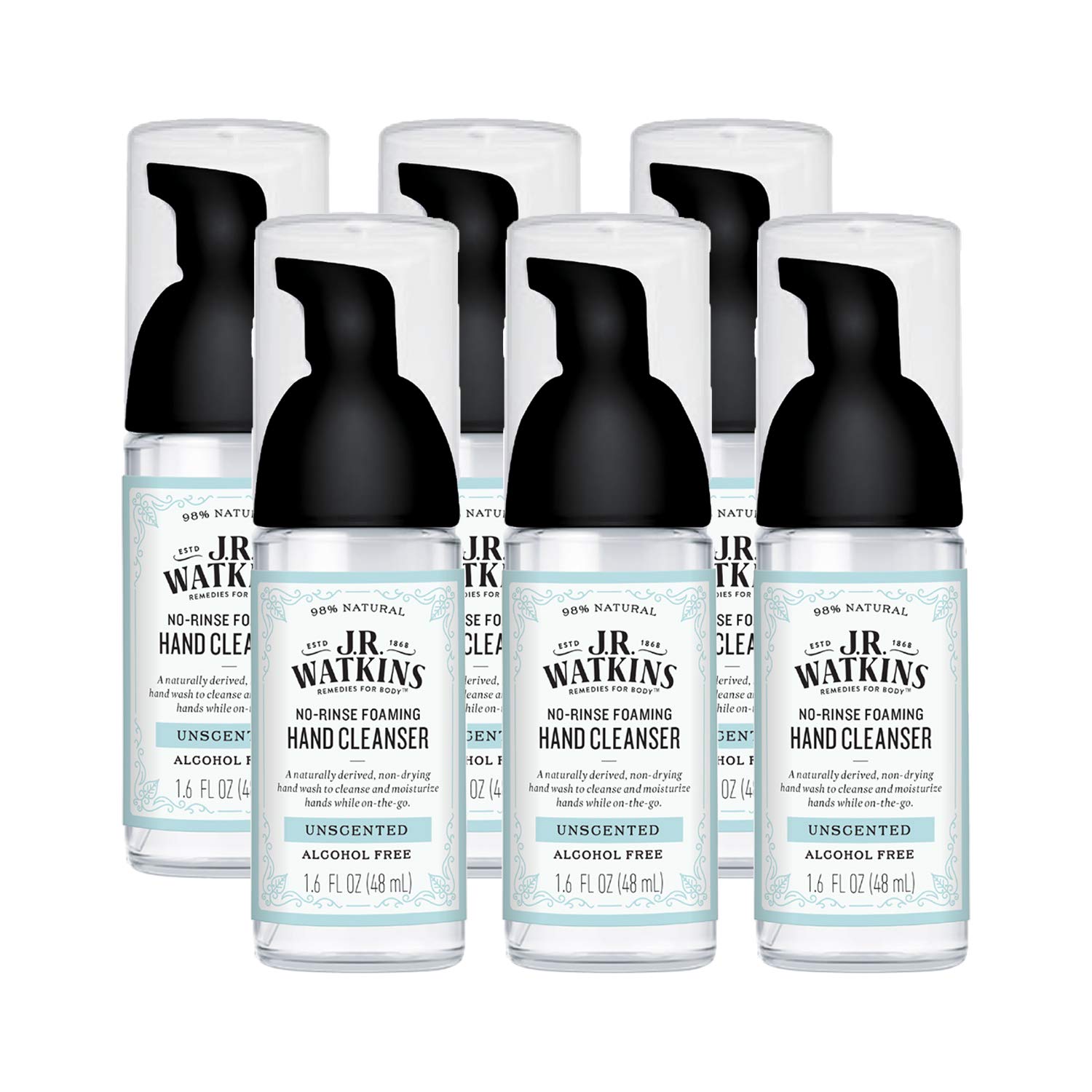 JR Watkins No-Rinse Foaming Hand Cleanser pump bottle on bathroom counter for quick hand cleaning