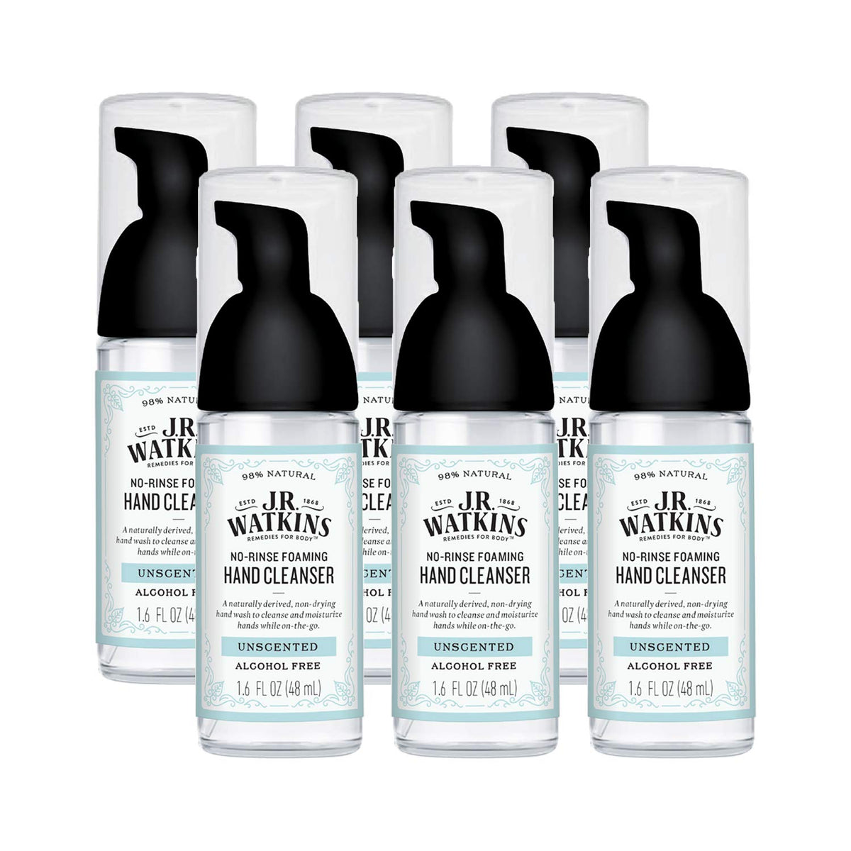JR Watkins No-Rinse Foaming Hand Cleanser pump bottle on bathroom counter for quick hand cleaning