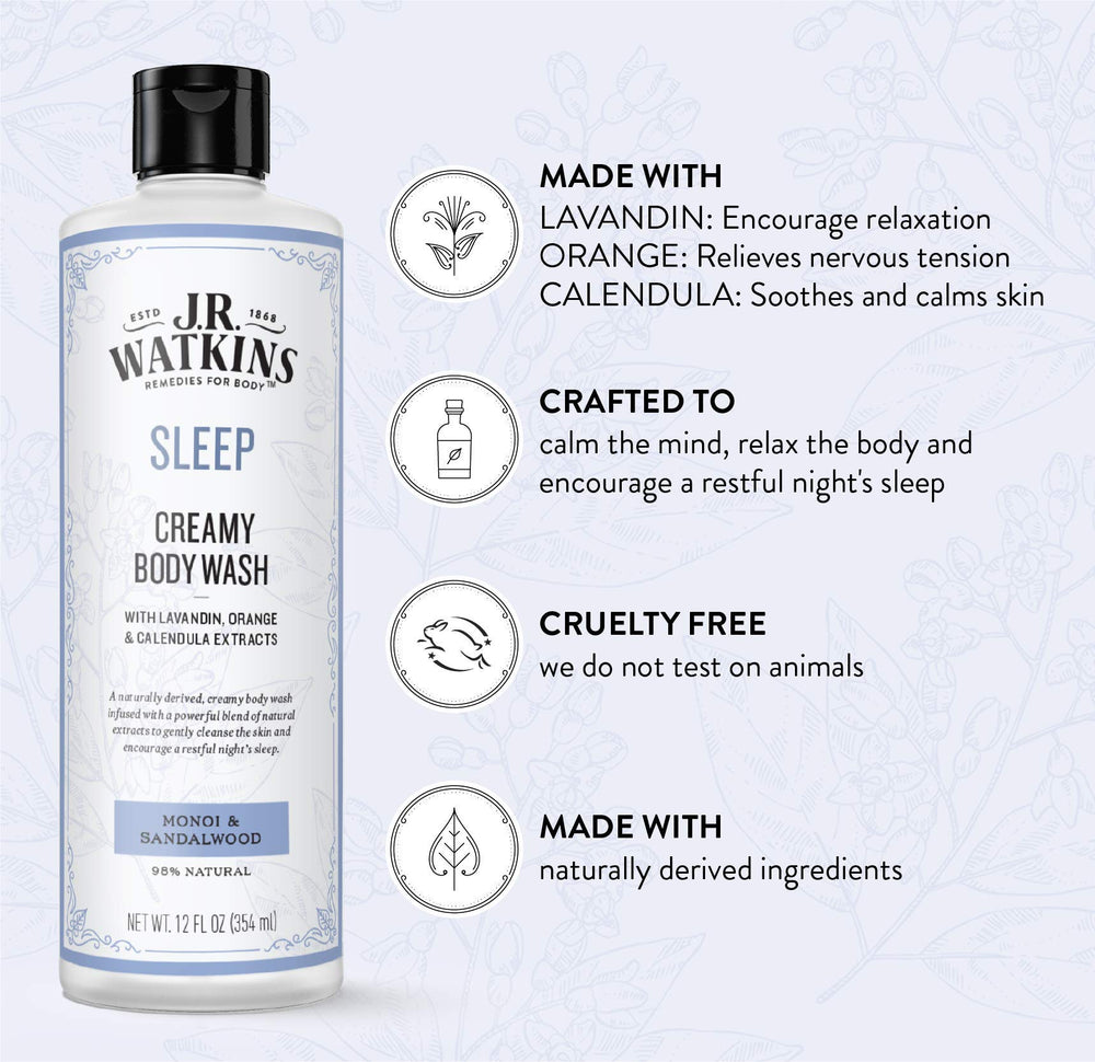 J.R. Watkins Sleep Body Wash label closeup, monoi and sandalwood aroma promotes calm.