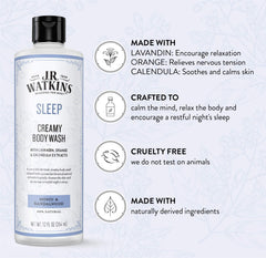 J.R. Watkins Sleep Body Wash label closeup, monoi and sandalwood aroma promotes calm.