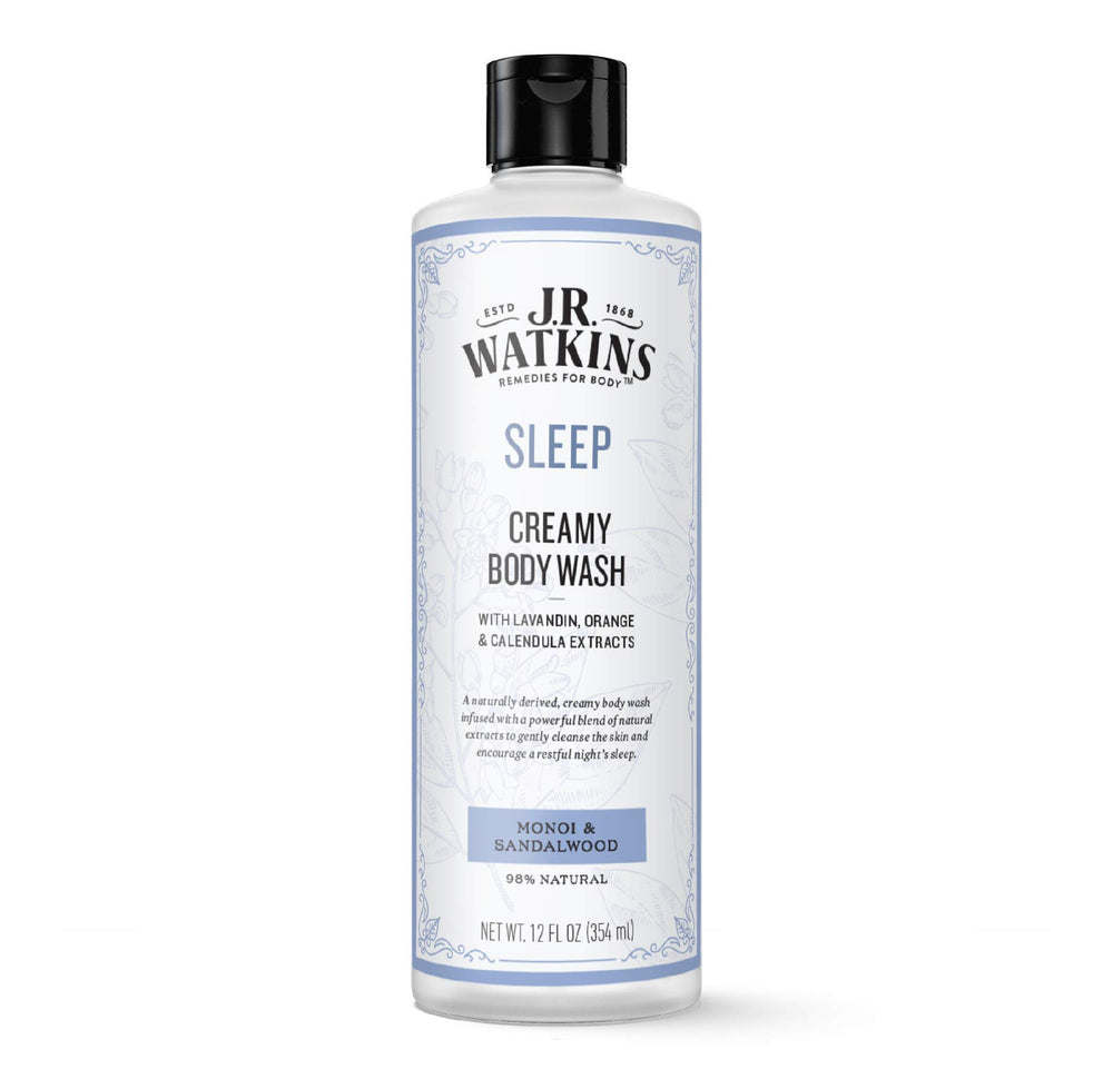 J.R. Watkins Sleep Creamy Body Wash bottle, soothing cleanse for a restful night.