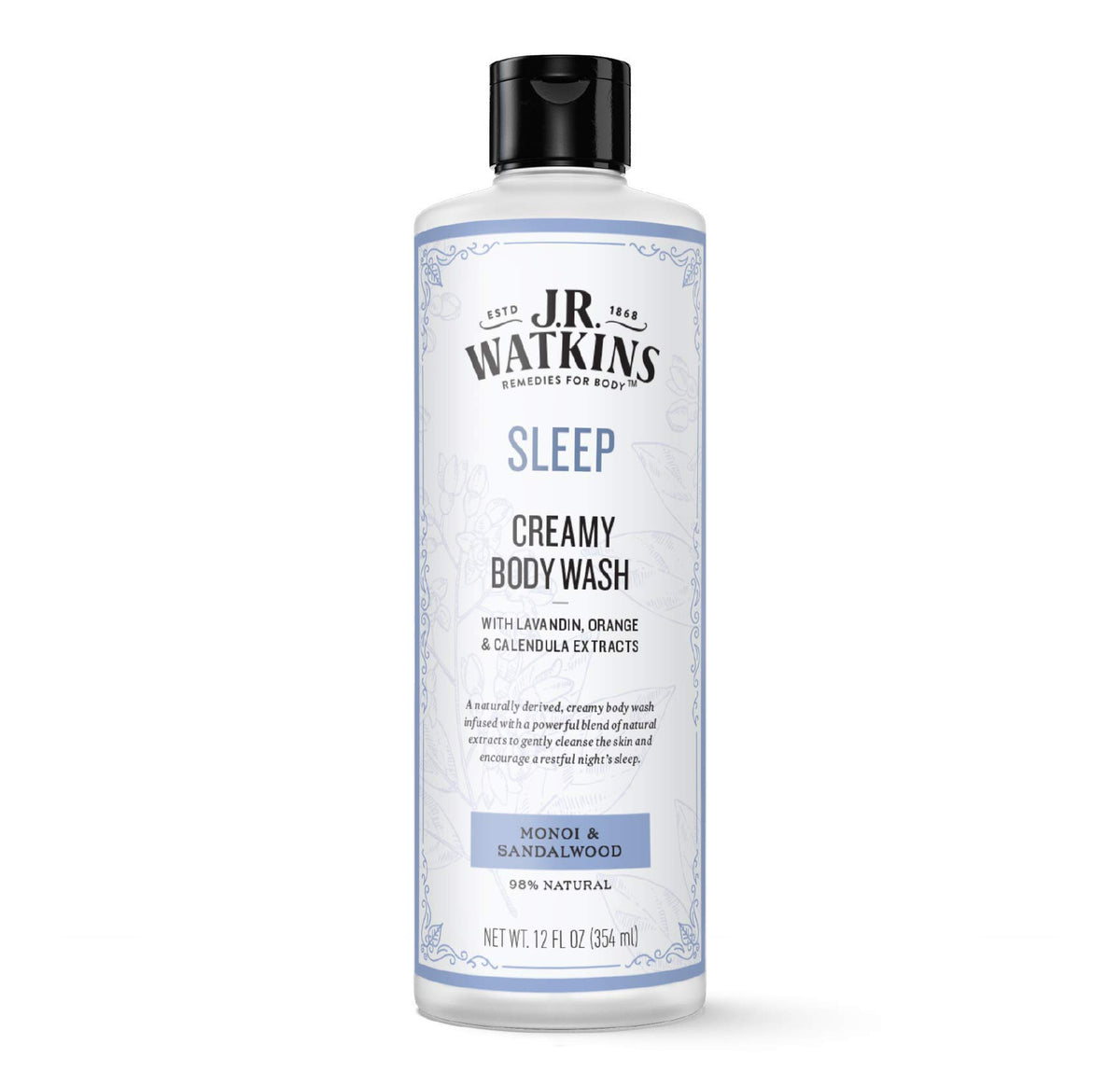 J.R. Watkins Sleep Creamy Body Wash bottle, soothing cleanse for a restful night.