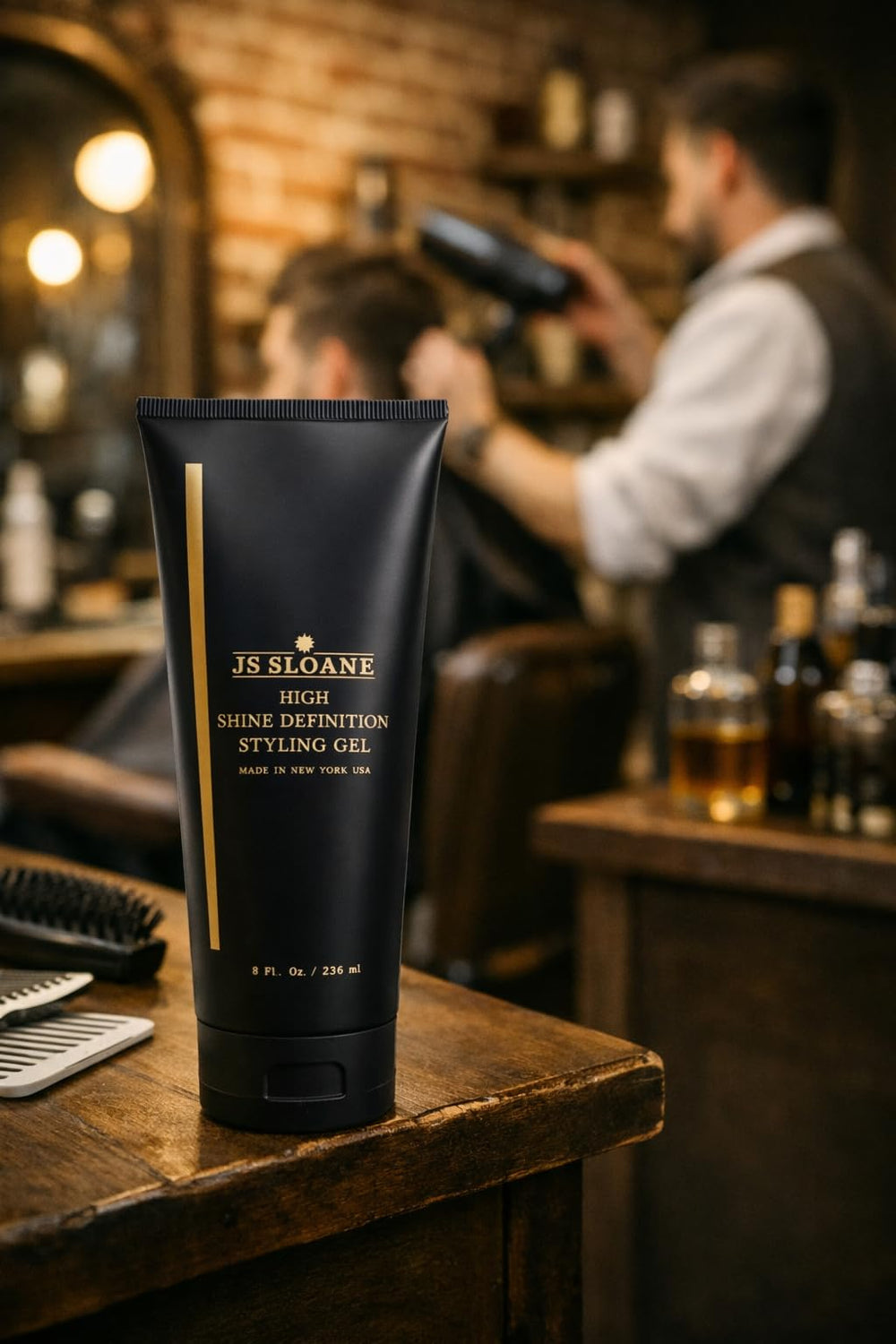 JS SLOANE styling gel in a professional setup for versatile grooming.