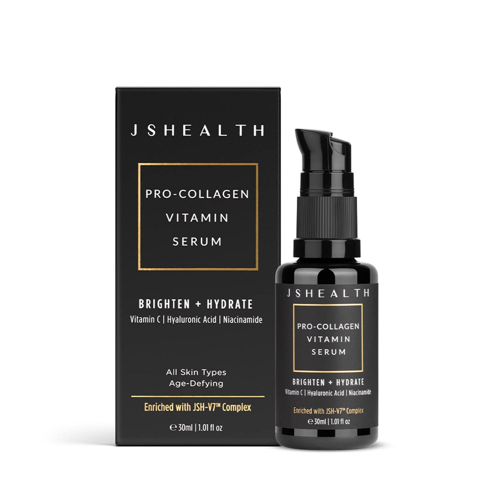 JSHealth Vitamin C Serum bottle close-up highlighting brightening formula for radiant skin.