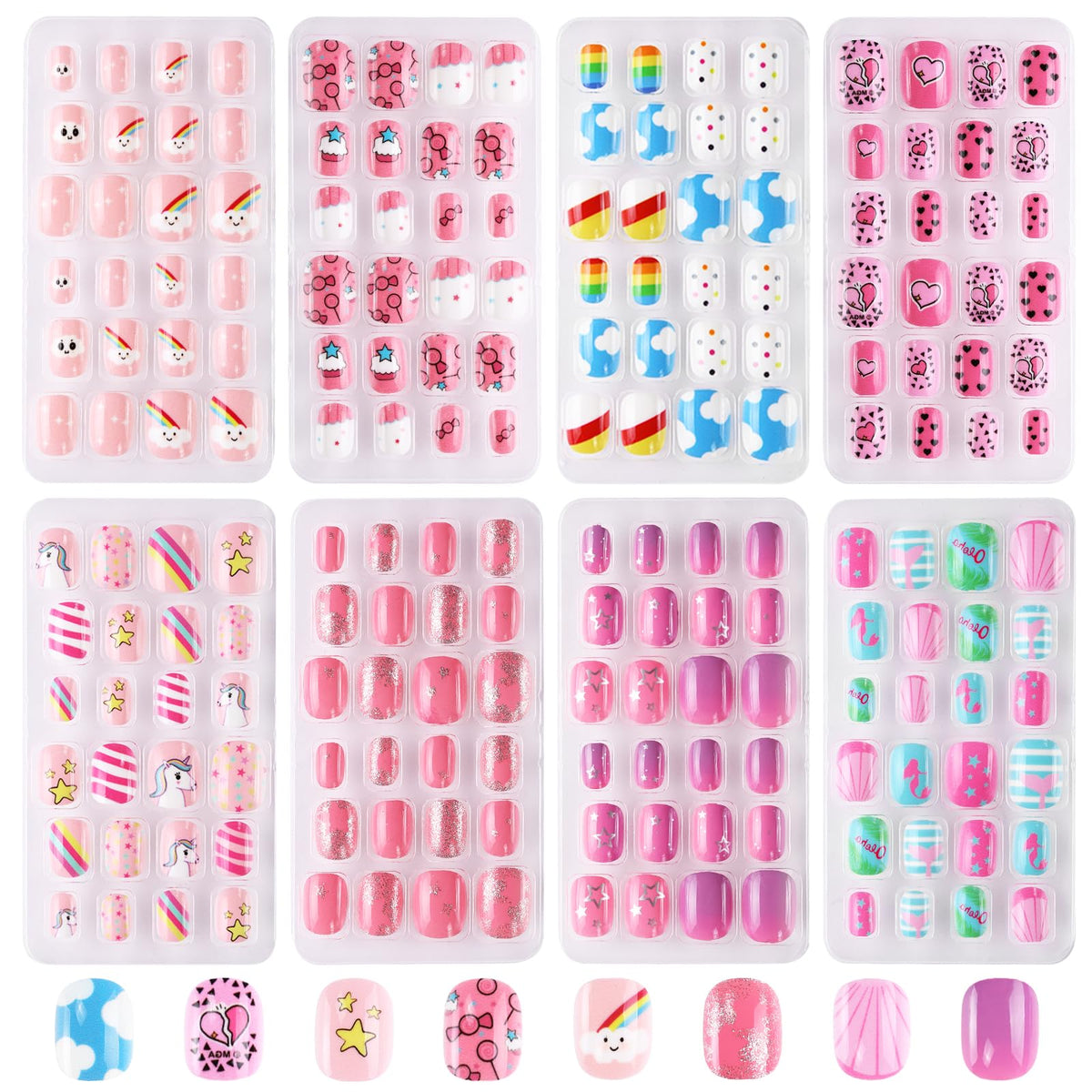 Jsiallye 192pc kids nails with unicorn patterns for easy daily nail art.