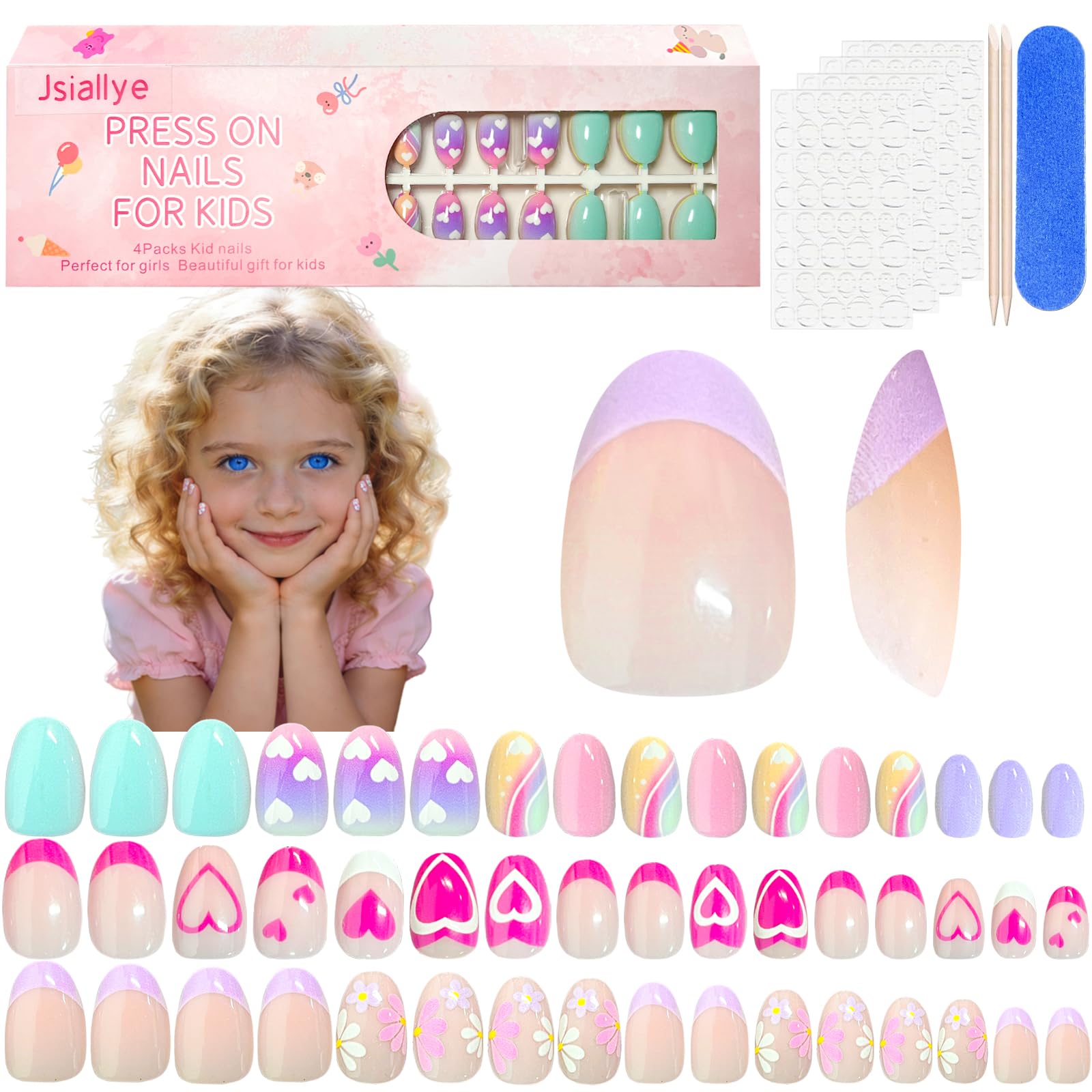 Jsiallye 96pcs kids press-on nails in short oval shape for quick at-home nail art