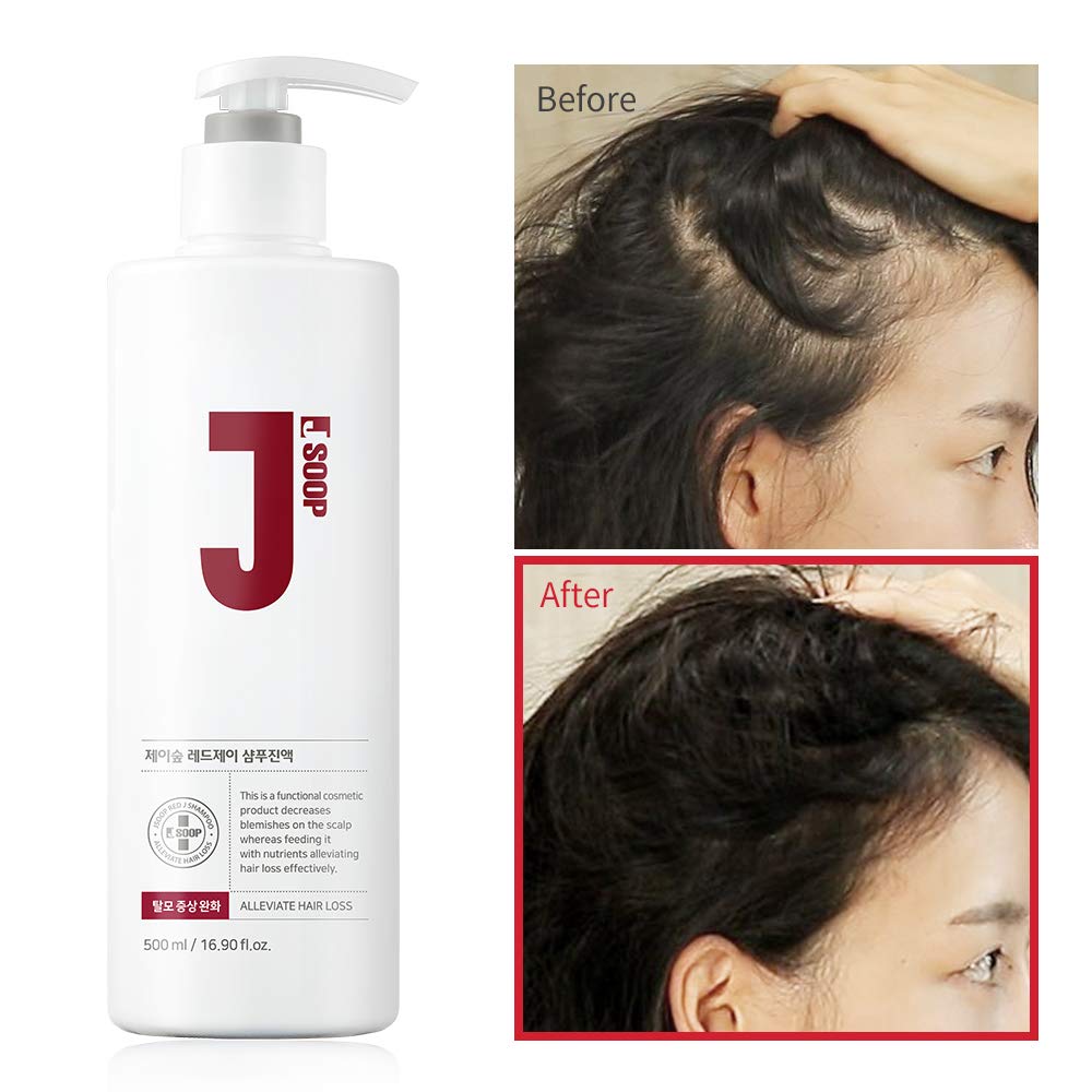 Close-up of JSOOP Red J Shampoo label highlighting scalp-friendly formula