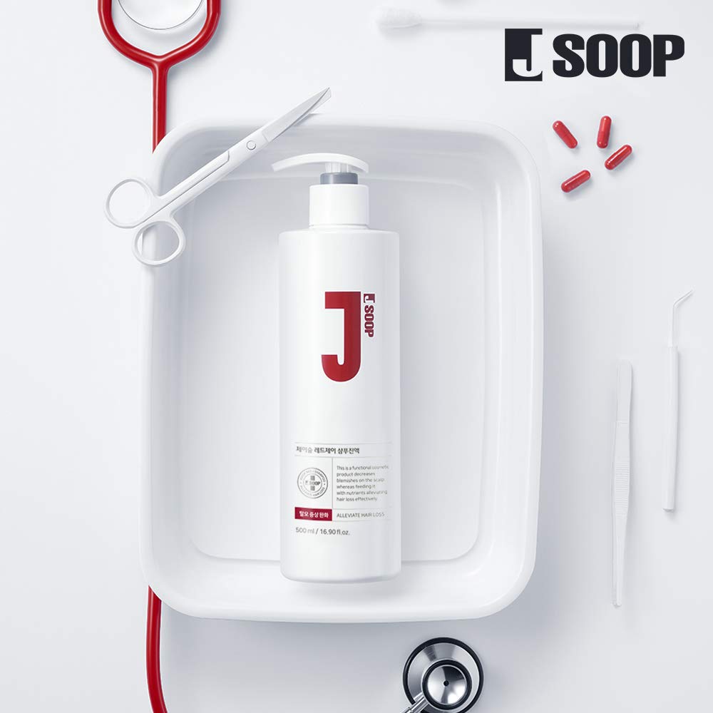 Packaging of JSOOP Red J Shampoo 500ml bottle on display