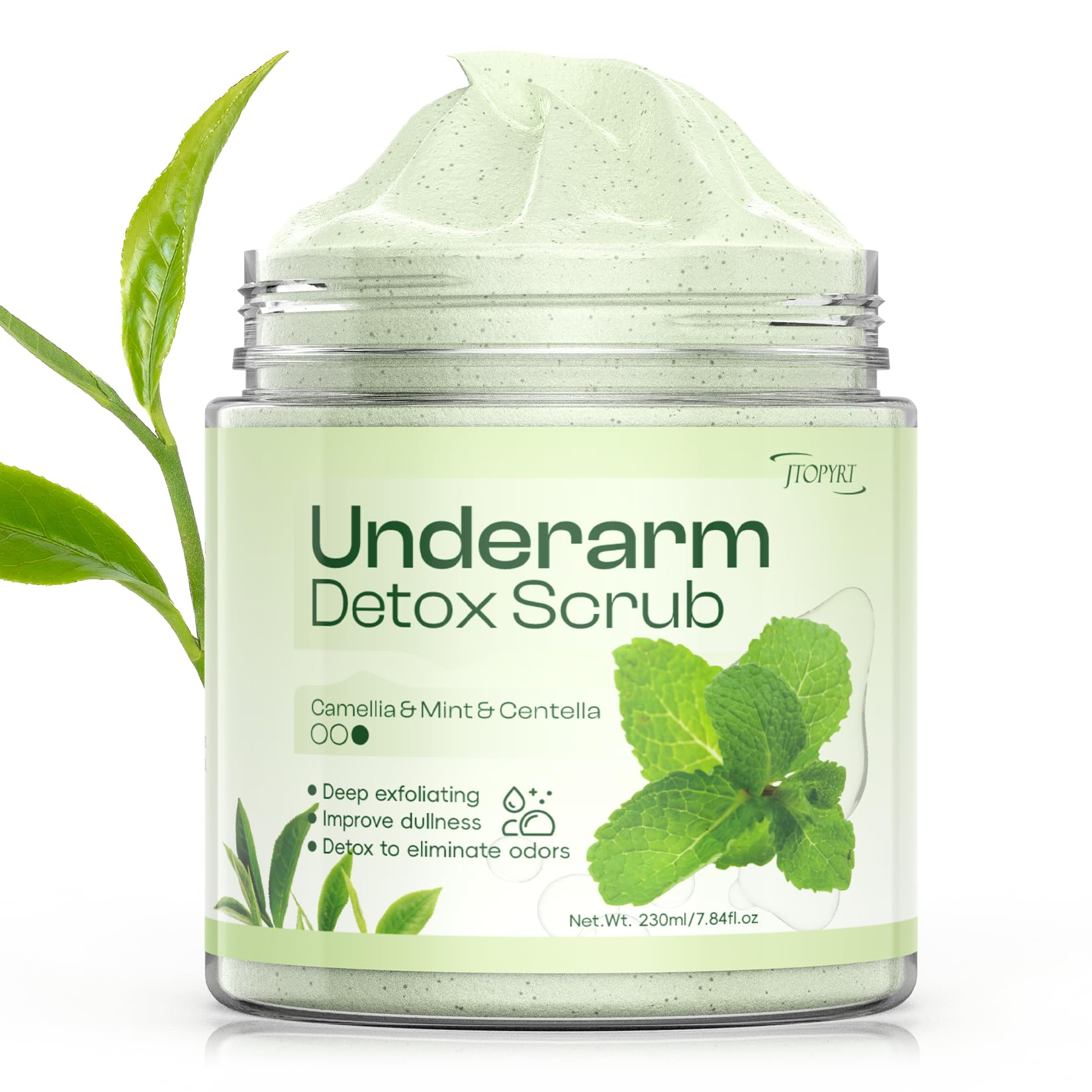 Jtopyrt Camellia Underarm Detox Scrub jar close-up showing exfoliating texture for smooth skin.