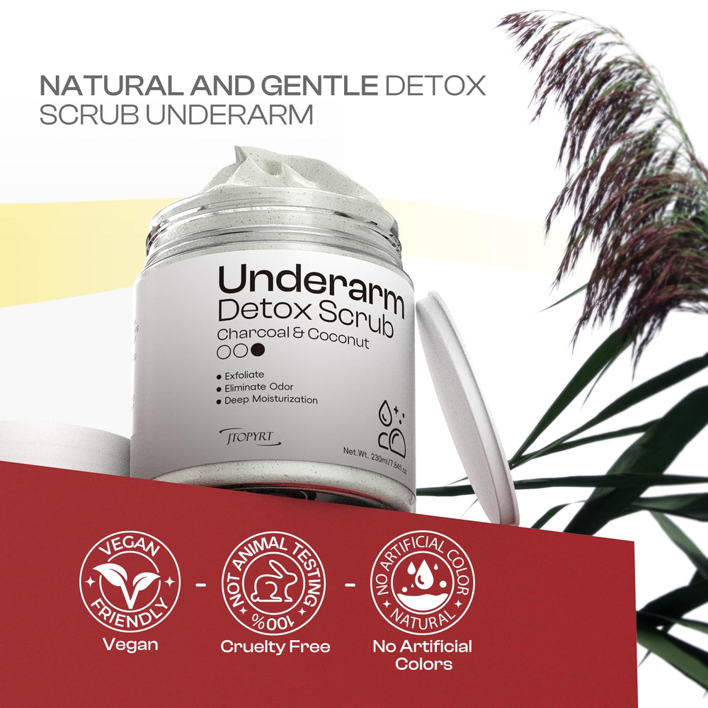 Jtopyrt Coconut Charcoal Underarm Detox Scrub ingredients feature bamboo charcoal and shea butter for soothing care.