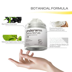 Jtopyrt Coconut Charcoal Underarm Detox Scrub texture closeup highlights coconut and bamboo charcoal benefits.
