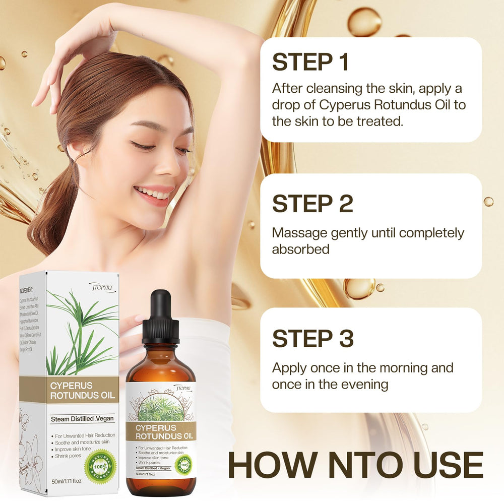 Jtopyrt Cyperus Rotundus Oil on skin demonstrates potential gradual hair growth reduction.