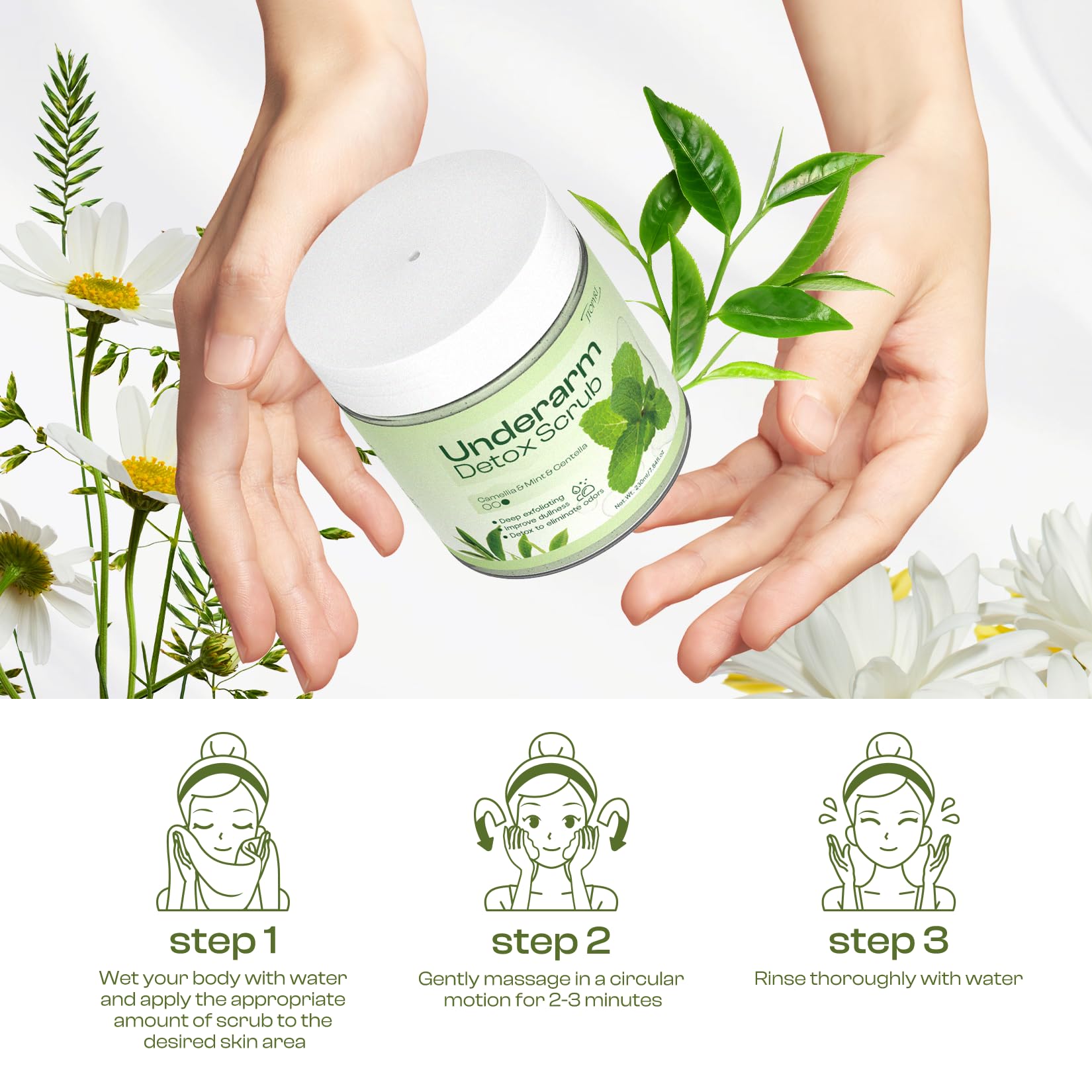 Jtopyrt Camellia Underarm Detox Scrub application in shower illustrates easy use.
